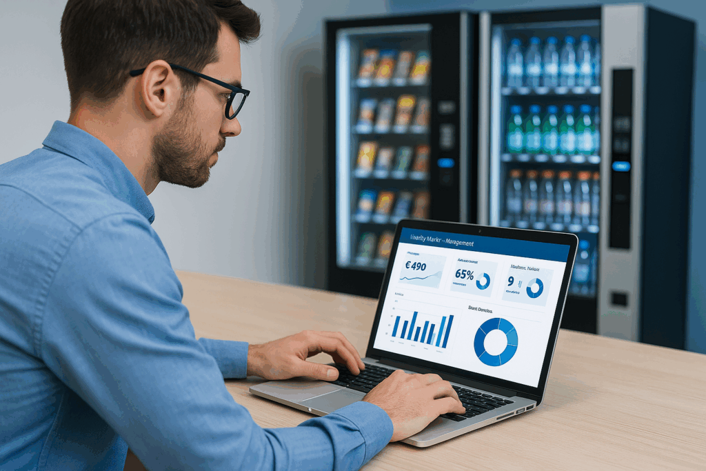 Hombre gestionando máquinas vending desde un portátil con software de control en pantalla