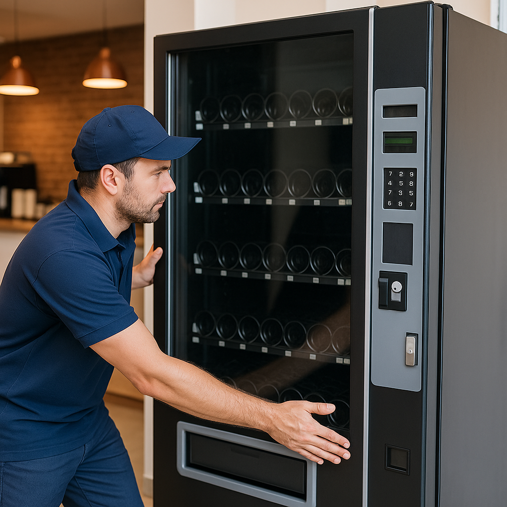 Técnico instalando una máquina vending en un local comercial tras la compra