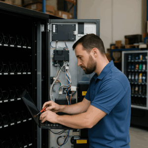 Técnico revisando una máquina vending en un taller profesional con herramientas y repuestos visibles